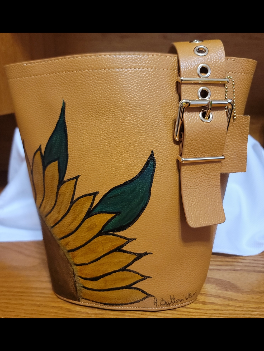 Hand-Painted Sunflower Bucket Bag in Mustard